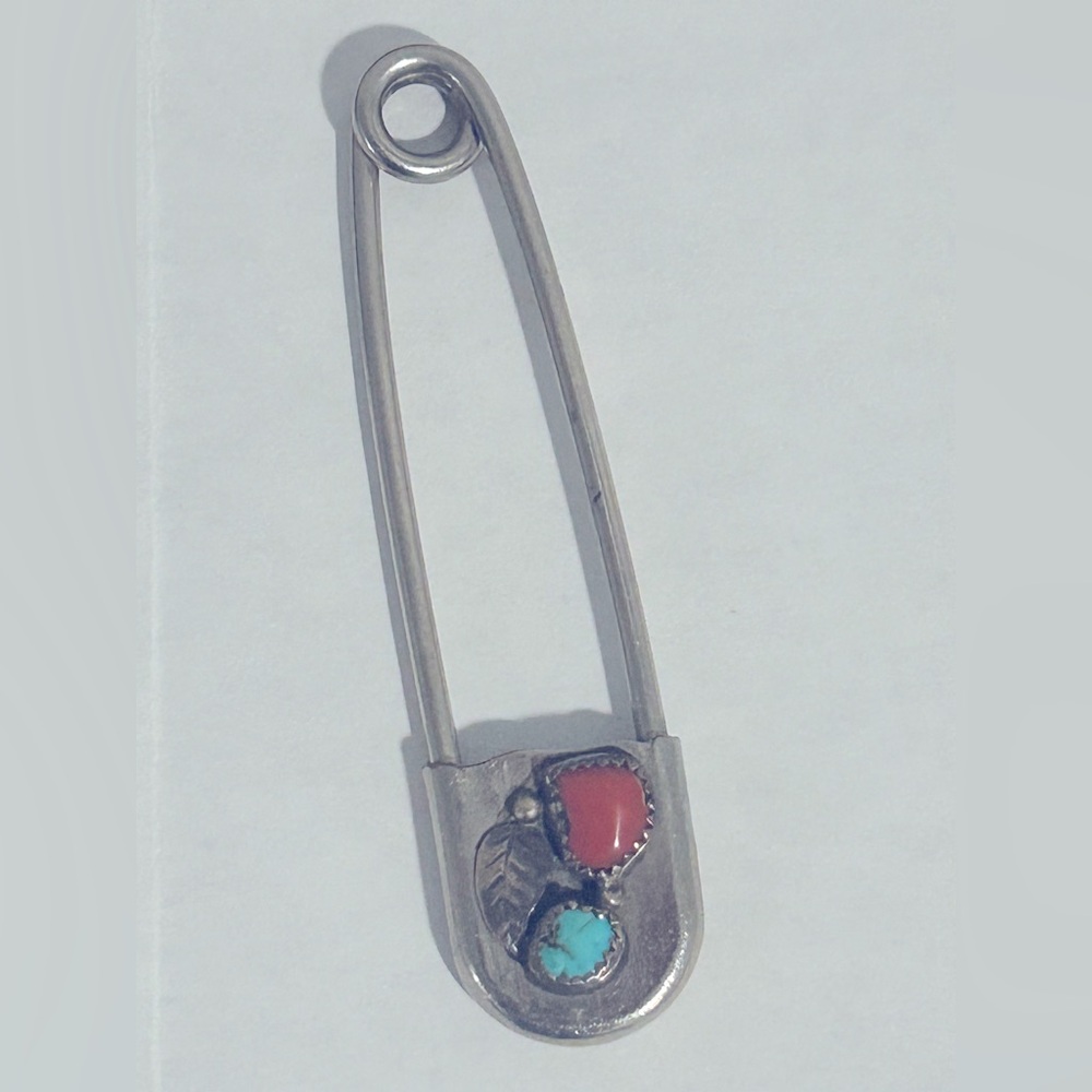 Silver Native American southwestern coral turquoise safety pin brooch